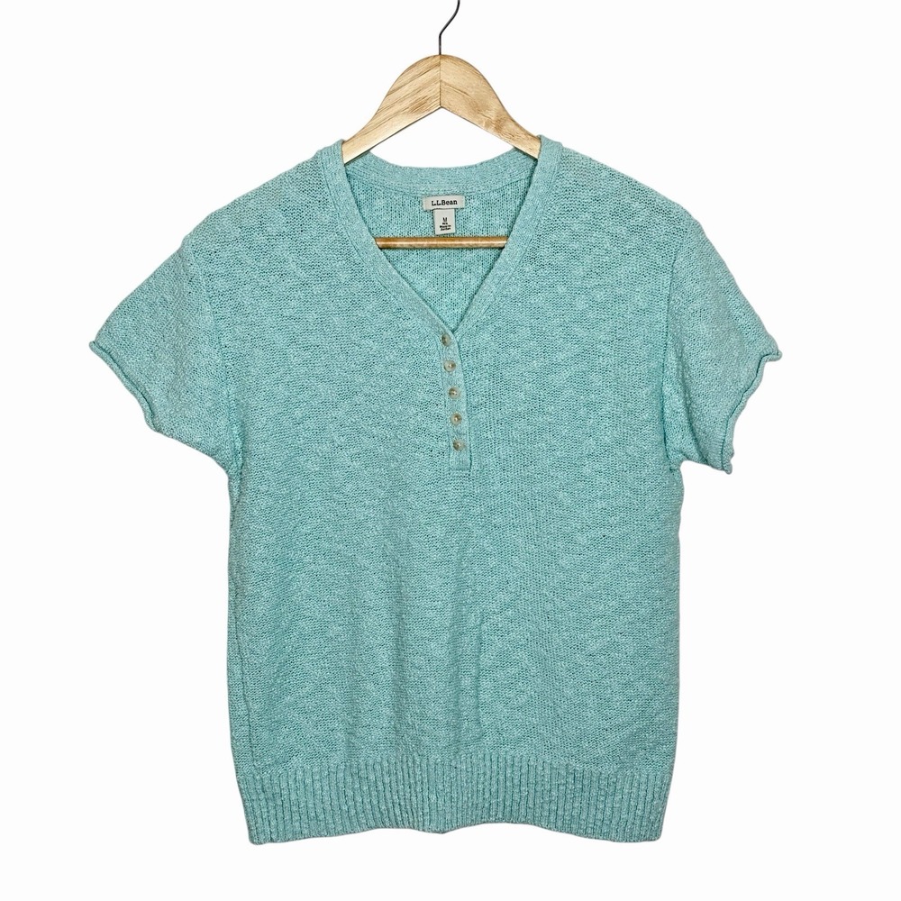 LL Bean Slub Short Sleeve Sweater Aqua Womens M Fisherman Indie Granola Cotton